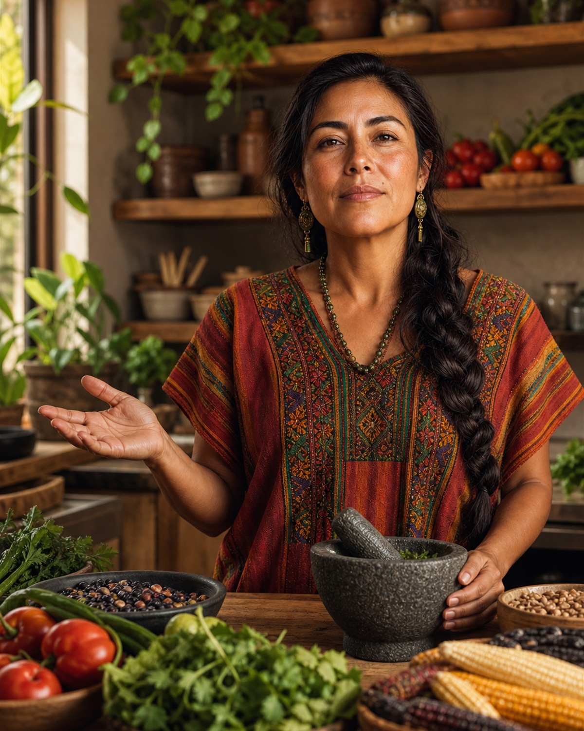 Maria stands behind a kitchen-garden table with tomatoes, maize, beans, herbs, and a stone mortar in warm afternoon light. AI-generated illustration.