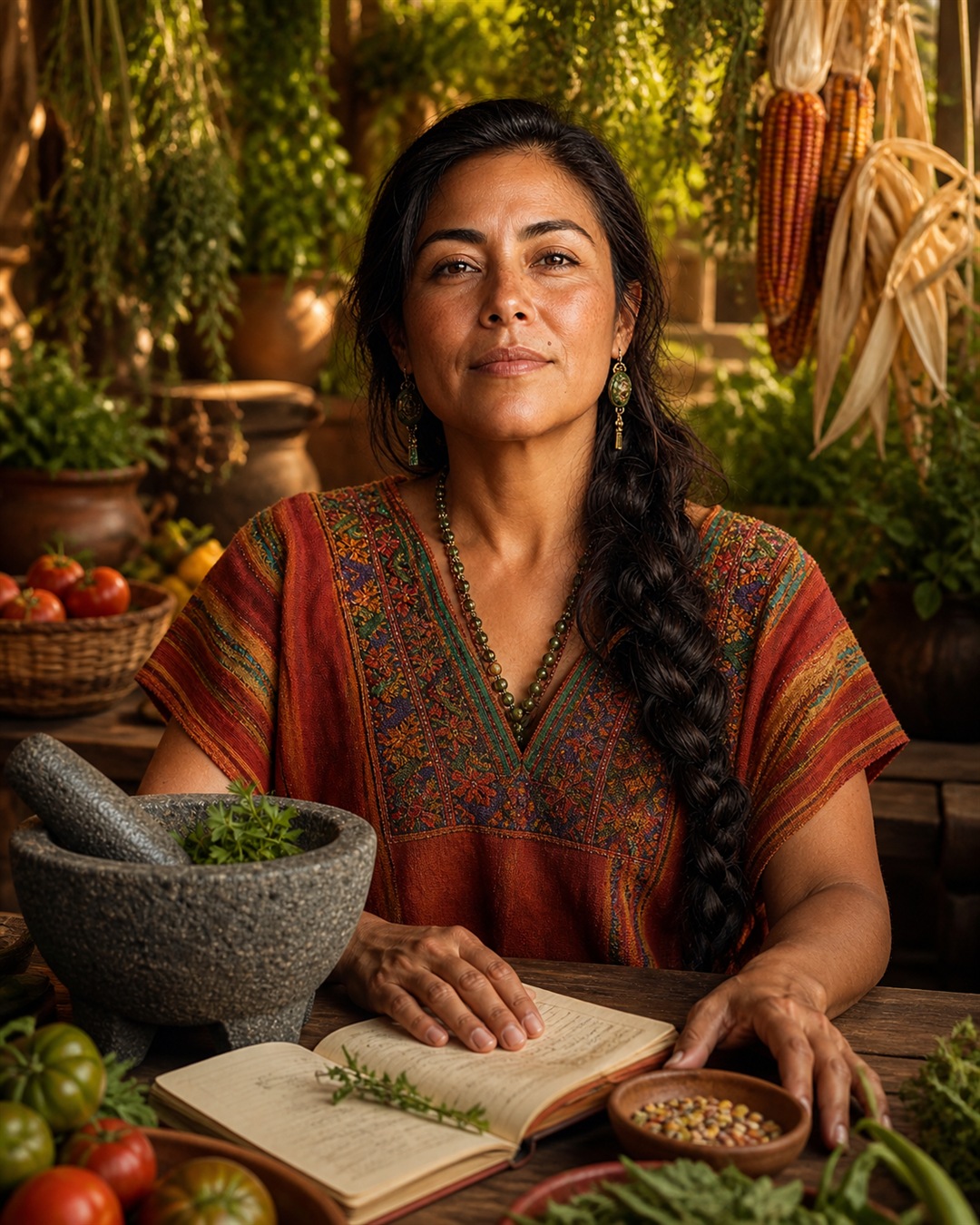 Portrait of Maria, a fictional middle-aged woman with warm brown skin and a long dark braid, holding a stone mortar of herbs in a terracotta kitchen garden.