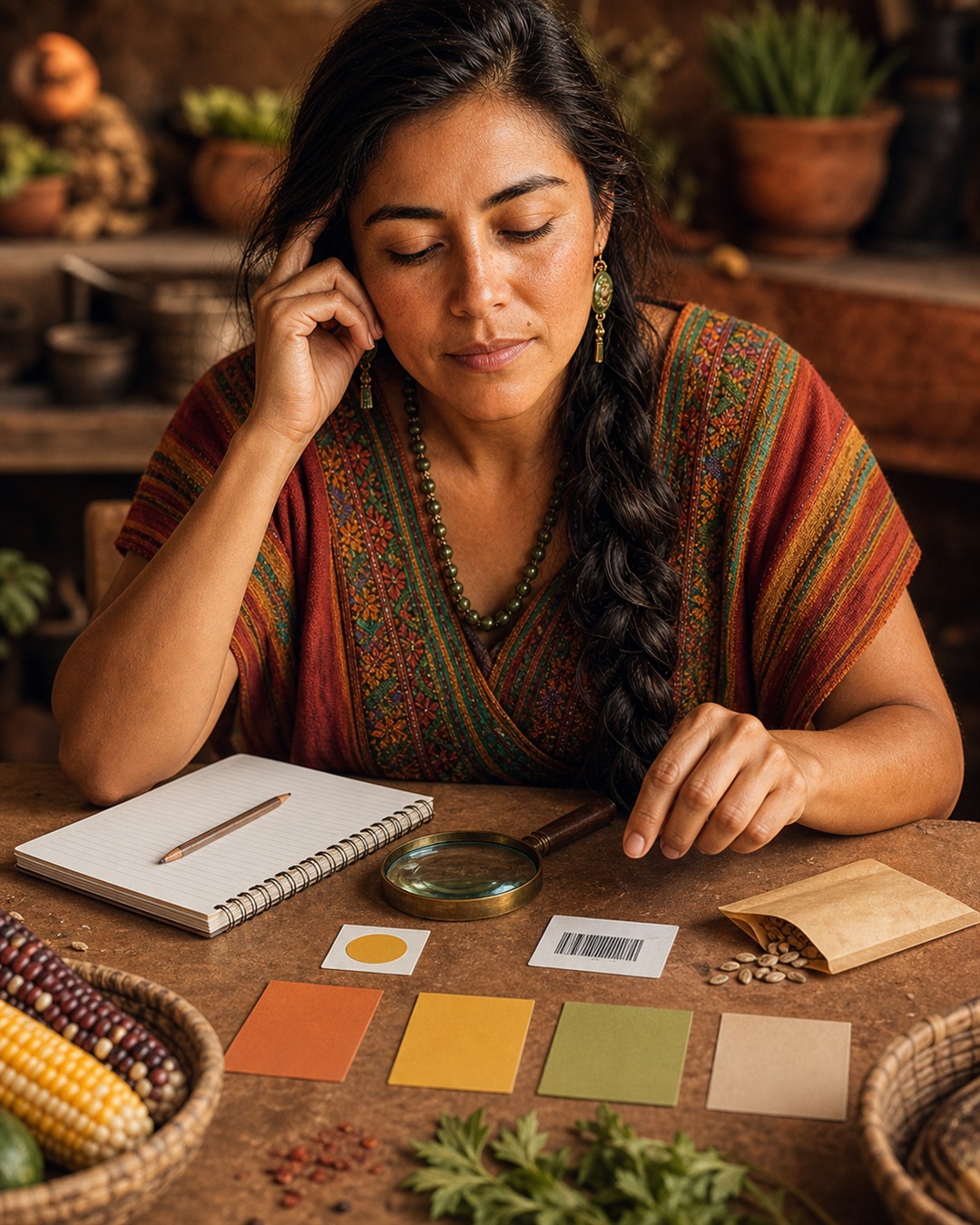 Overhead view of Maria's hands arranging four small ceramic bowls in terracotta, maize gold, herb green, and cacao beside a blank field notebook.