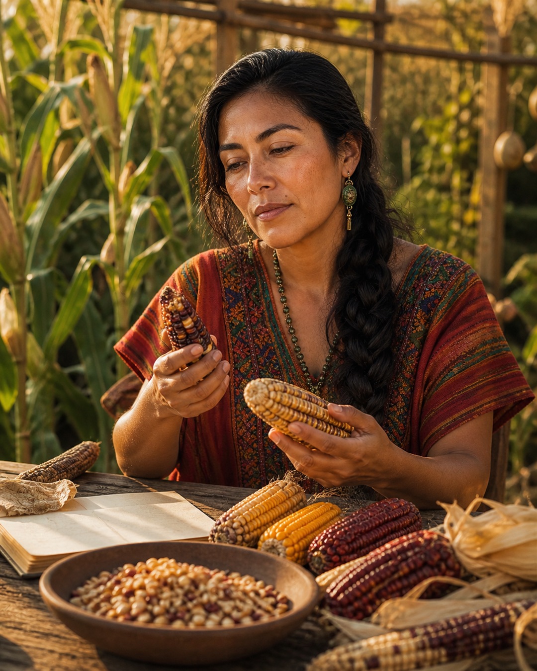 Maria cups several differently colored illustrated maize kernels over a wooden table in warm light.