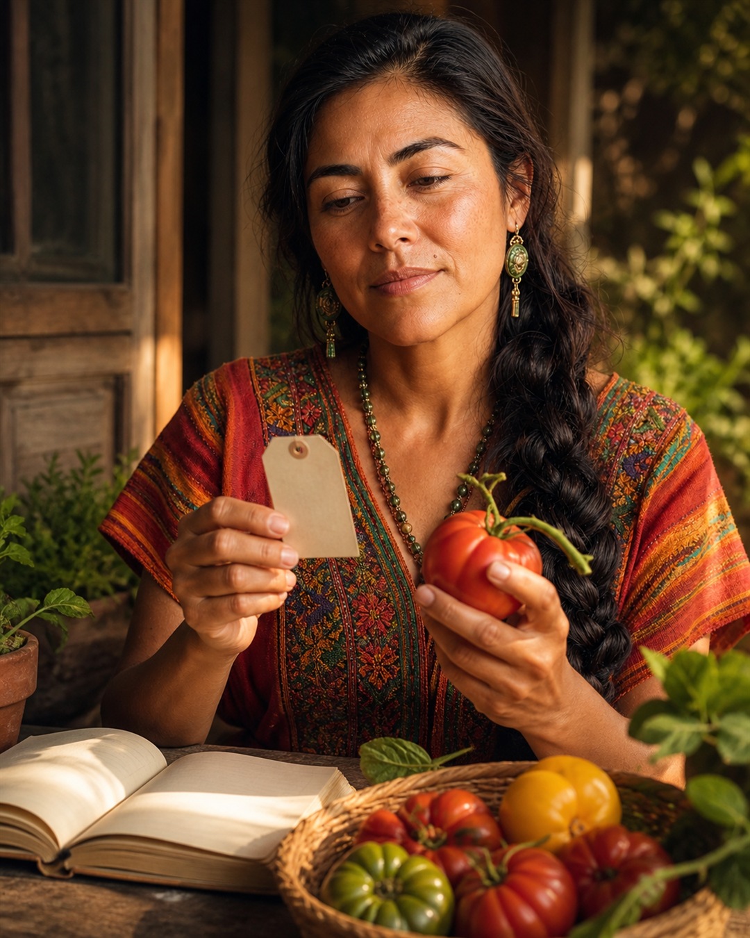 Maria holds one illustrated red tomato beside a plain produce tag, studying both in warm window light.