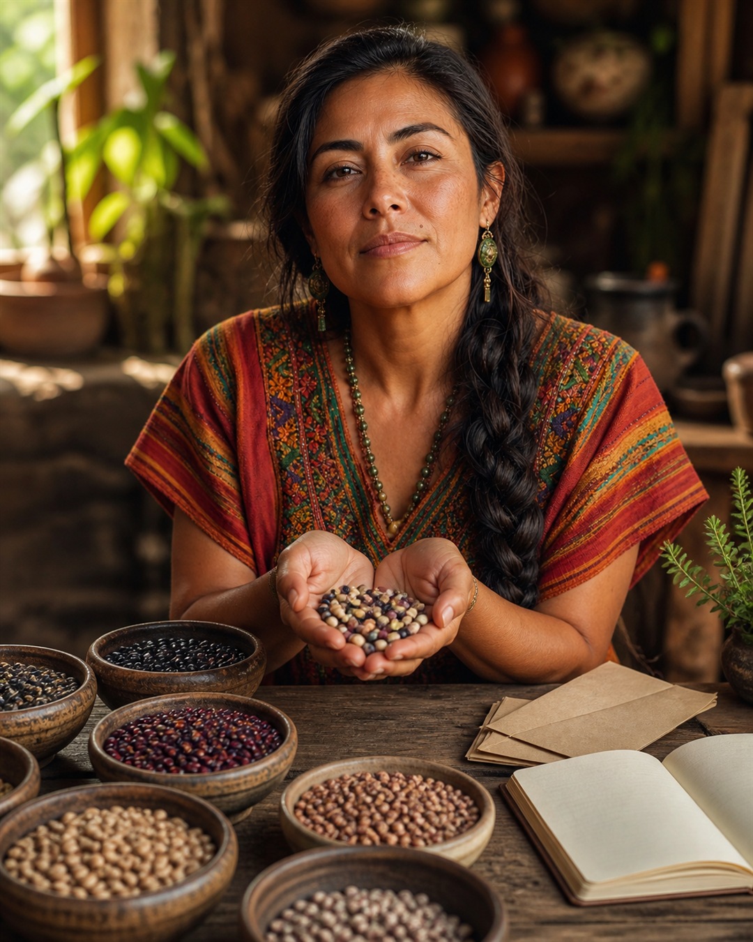 Maria's hands hold a small mixed bowl of differently colored illustrated beans above a warm wooden table.