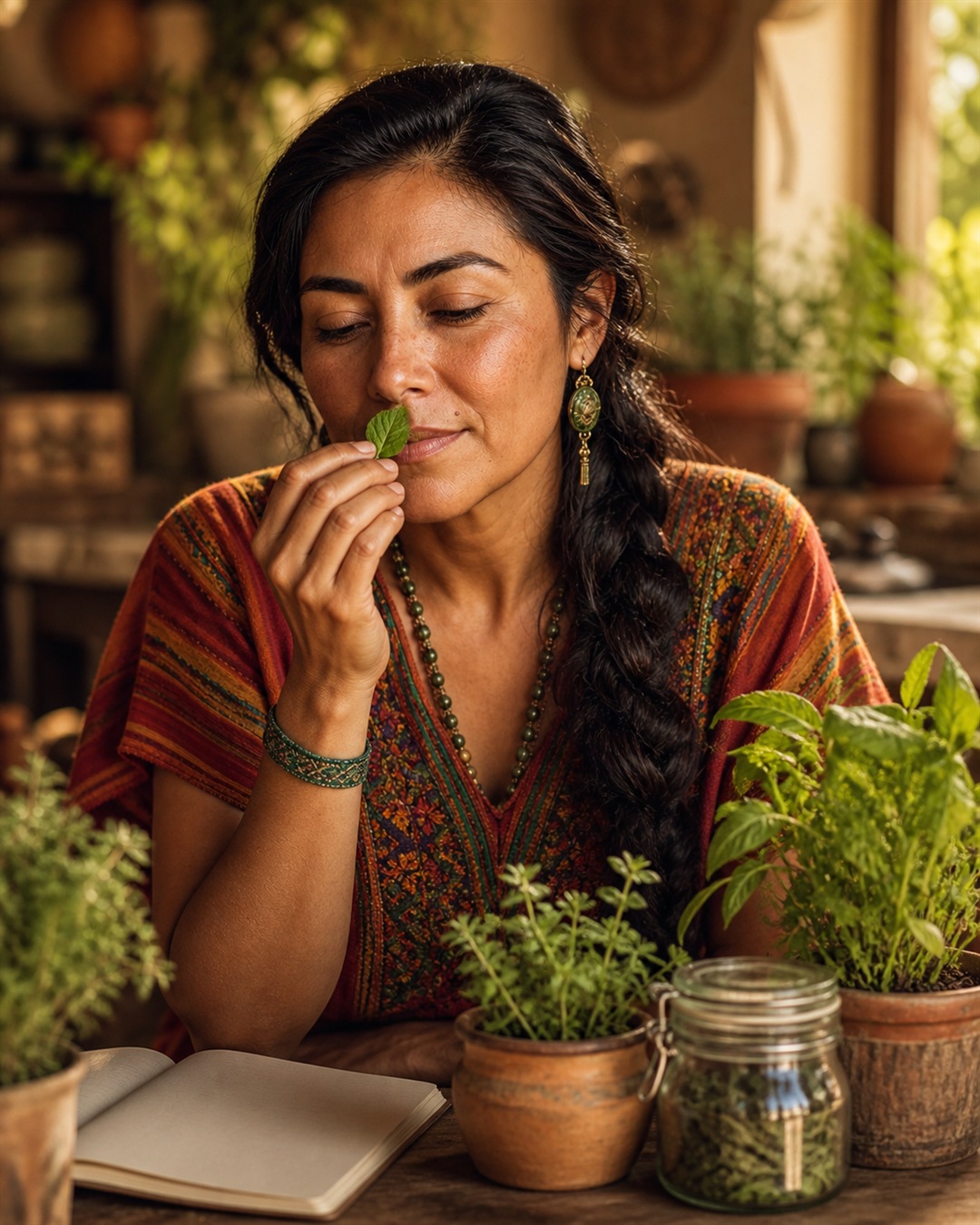 Maria observes the color and texture of an illustrated herb sprig above a stone mortar without tasting it.