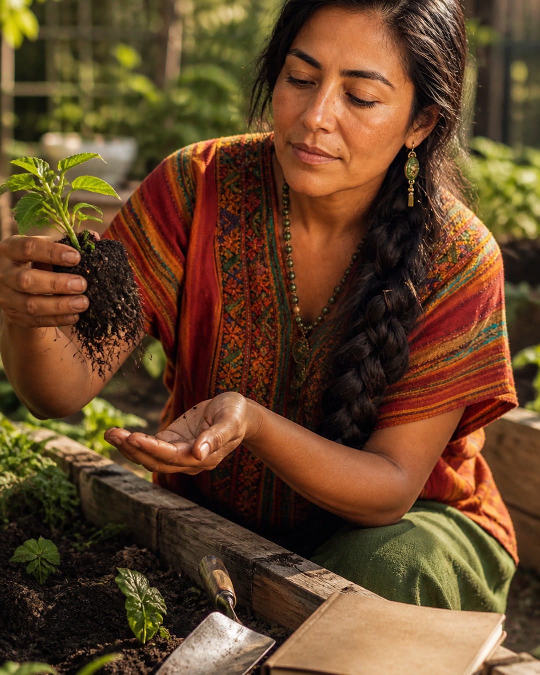 Maria studies illustrated plant roots and a small soil sample tray in warm garden light.