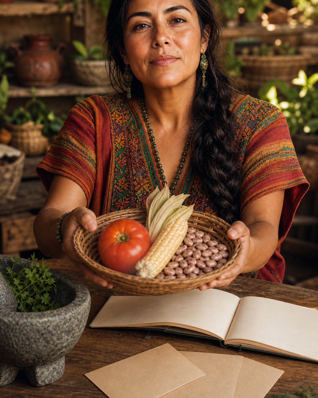 Maria sits before an illustrated steaming meal, noticing its color and aroma with open eyes and relaxed hands.