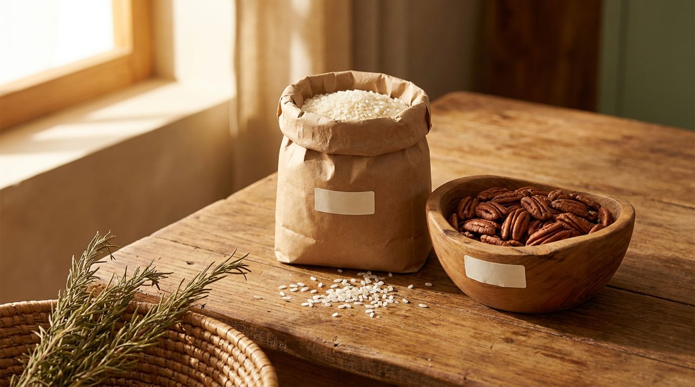 An unbranded paper bag of rice beside a wooden bowl of pecans, each with an identical blank label patch. AI-generated illustration.