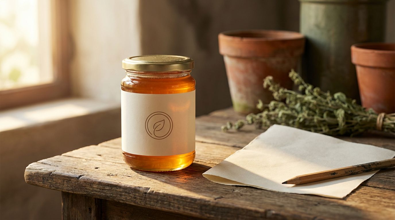 A glass jar of honey glowing in window light, its label carrying a small generic round emblem. AI-generated illustration.