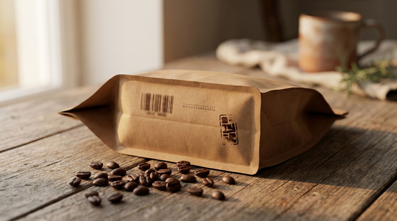 An unbranded coffee bag on its side with three separate unreadable marks on its back panel and scattered beans. AI-generated illustration.
