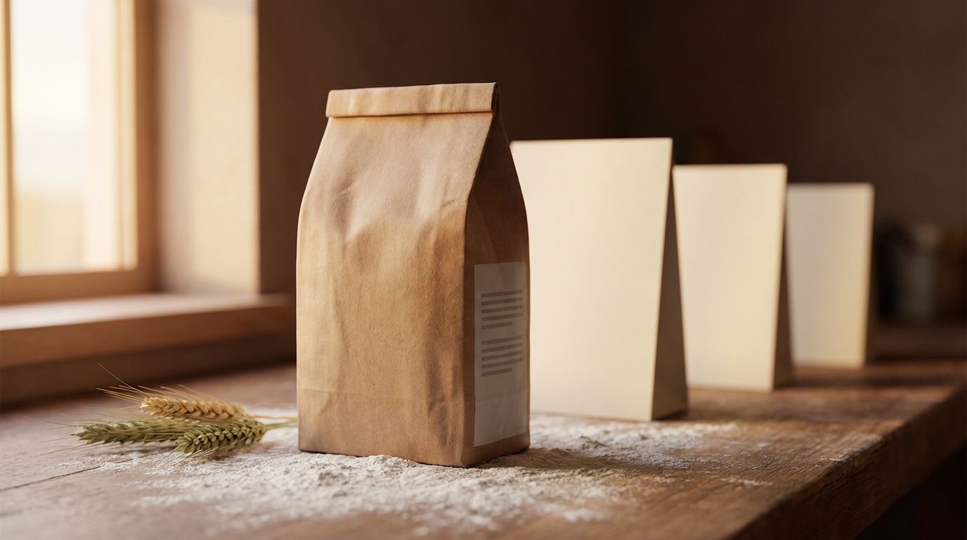 An unbranded flour bag on a floured surface, with plain record cards fading into the background. AI-generated illustration.